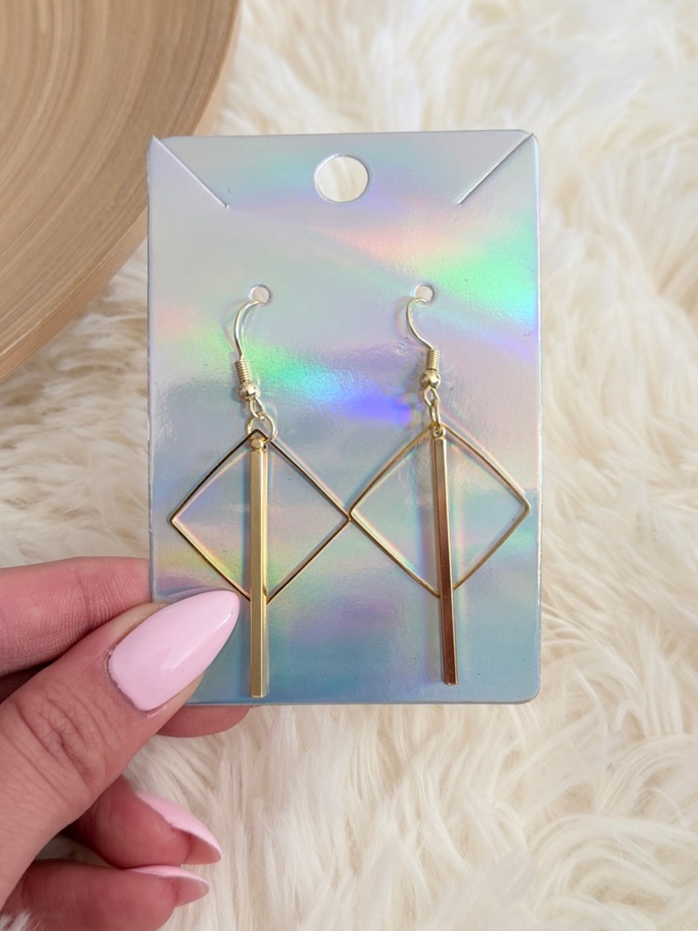 Geometric Gold Drop Earrings - Modern Diamond Bar Design
